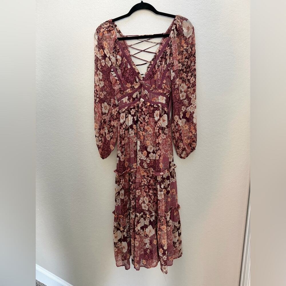 Altar'd State Billy Patchwork Maxi Dress Burgundy Floral Lace Up XS Cottagecore - Picture 3 of 7